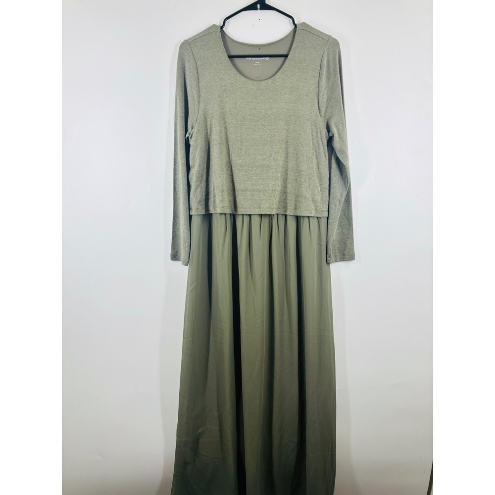 Soft Surroundings Olive Green Mixed Media Layered Maxi Dress Long Sleeve Small